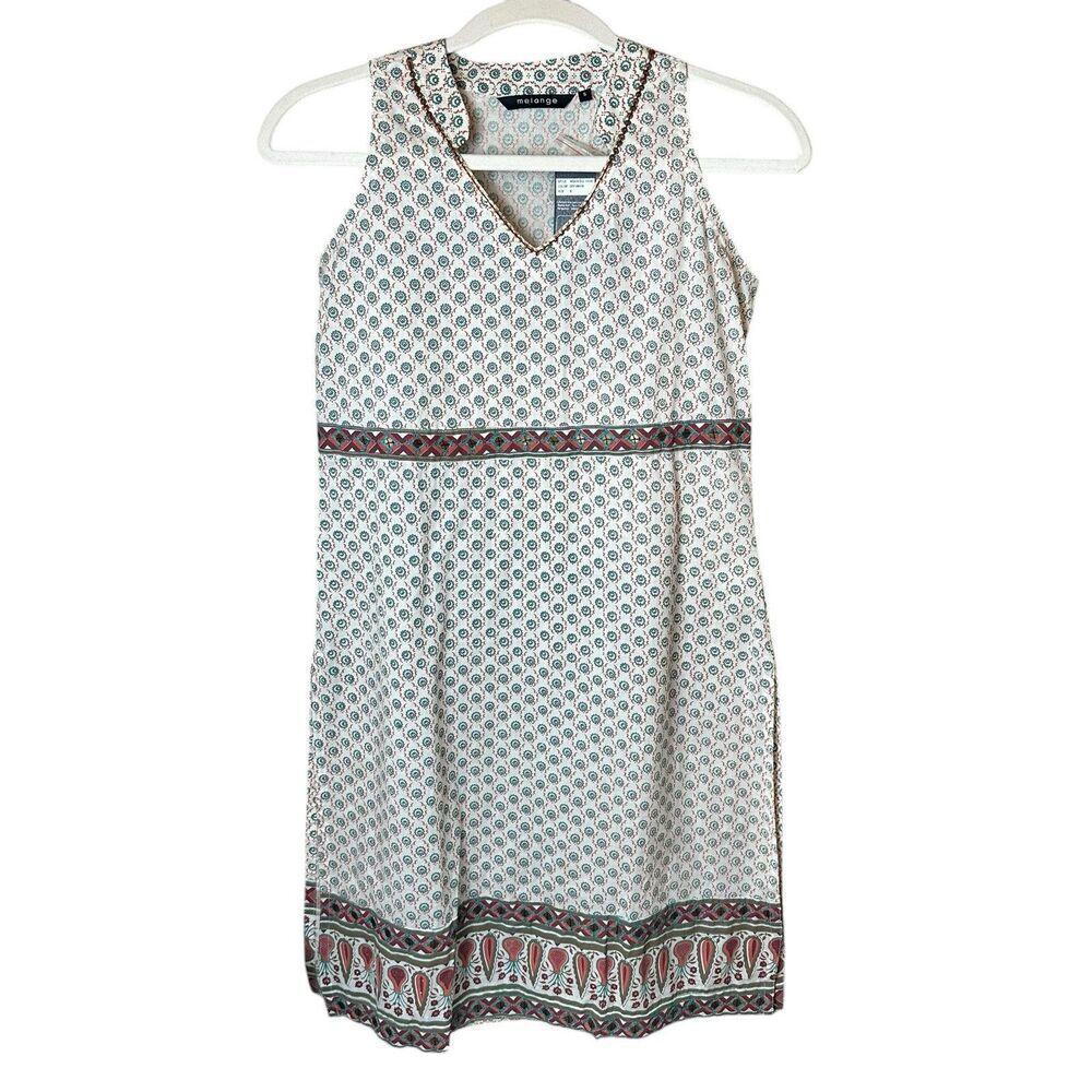 Melange Sleeveless Tunic Top Small | Boho Floral Geometric Ethnic Print V-Neck